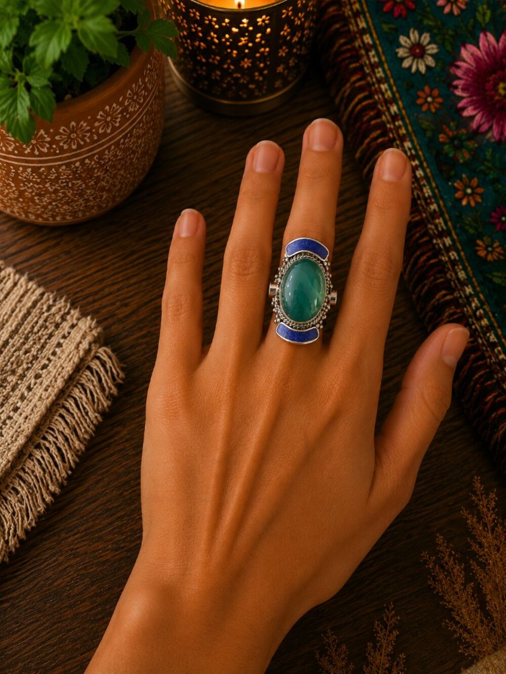 Green Stone Silver-Tone Statement Ring - Green